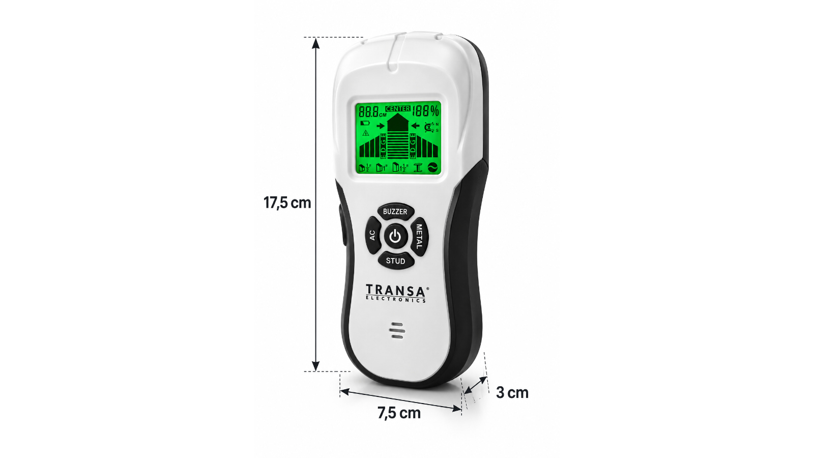 Wymiary wykrywacza MeasureMe Scan 3w1 Transa Electronics